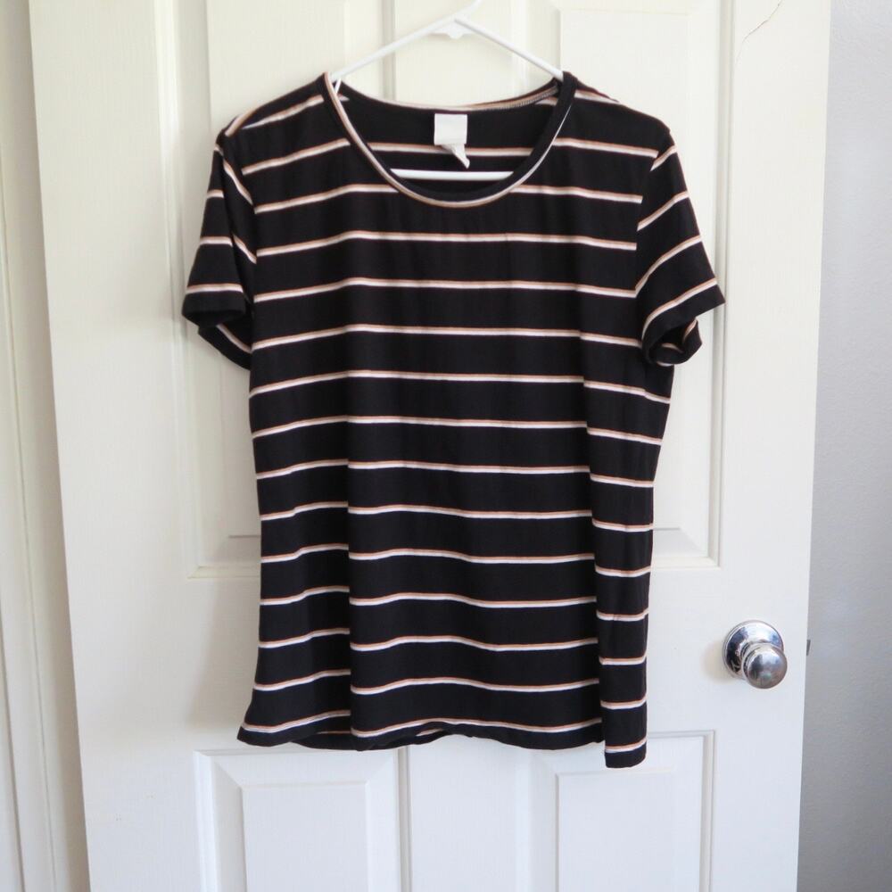 H&M Basics Striped Black Beige Cotton Casual T Shirt Size XL
